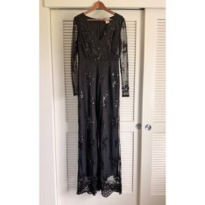 Altar'd State Black Sequin Embroidered Mesh‎ Wide Leg Jumpsuit  L Tall